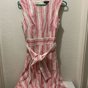 J. Crew Womens Dress 00 Red White Striped A Line Belted Lined Knit Linen Blend